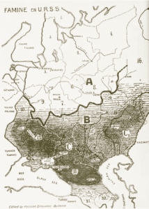 The worst-affected districts of the Soviet famine of 1932–1933 are depicted in black on this map. Ukraine is denoted by the number 12.