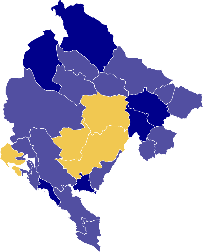 First round results by municipality (Mandic: Dark Blue, Milatovic: Yellow, Dukanovic: Violet)