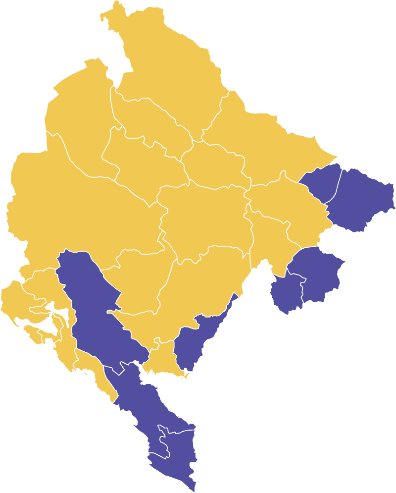 Second round results by municipality (Milatovic: Yellow, Dukanovic: Violet)