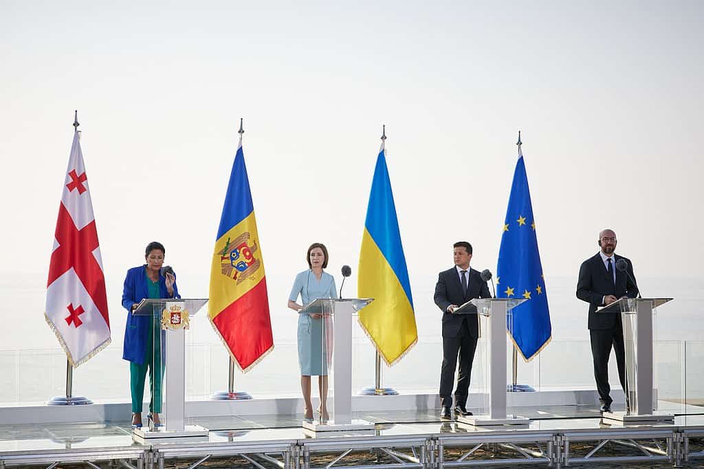 President of Georgia Salome Zourabichvili, President of Moldova Maia Sandu, President of Ukraine Volodymyr Zelenskyy and President of the European Council Charles Michel during the 2021 Batumi International Conference.