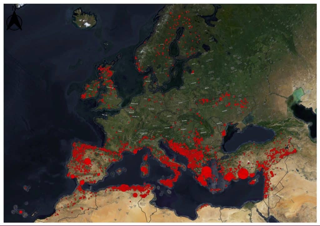 Map of forest fires in Europe and the Mediterranean in 2021. Each dot represents a fire and its size the area burned. | Source: EFFIS/Copernicus EMS.